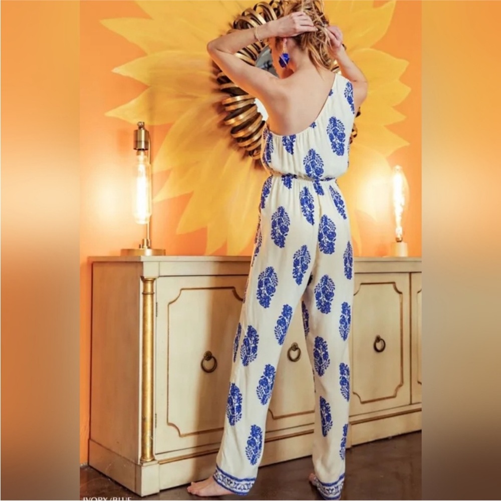 Kori White and Blue Patterned Jumpsuit